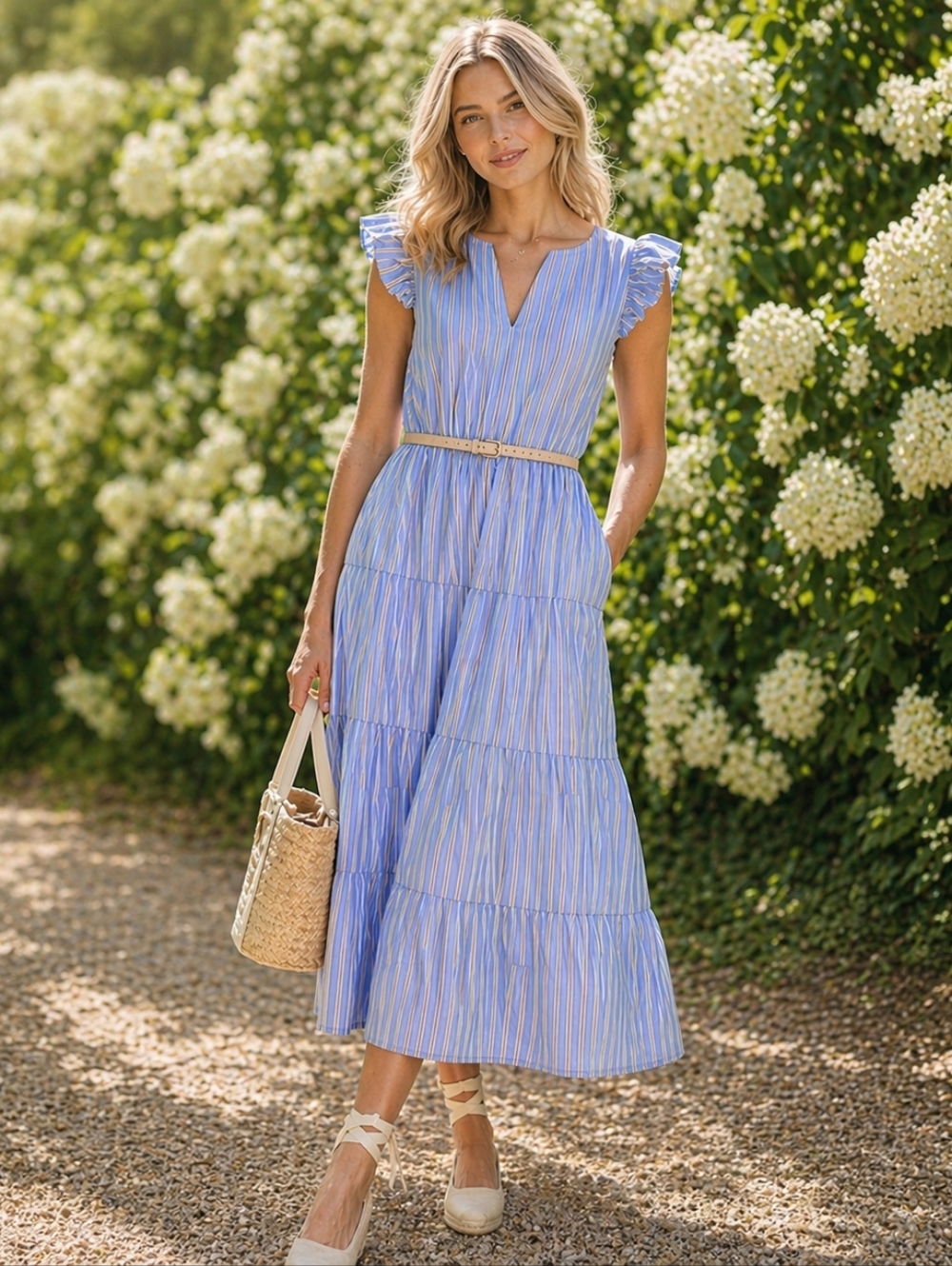 J Crew Tiered Ruffle Sleeve Midi Dress Size 8 Blue White Stripes Lined Cotton